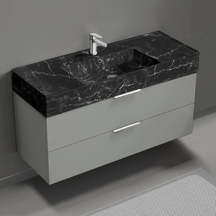 Nameeks DERIN943 Modern Bathroom Vanity With Black Marble Design Sink, Wall Mounted, 48 Inch, Grey Mist